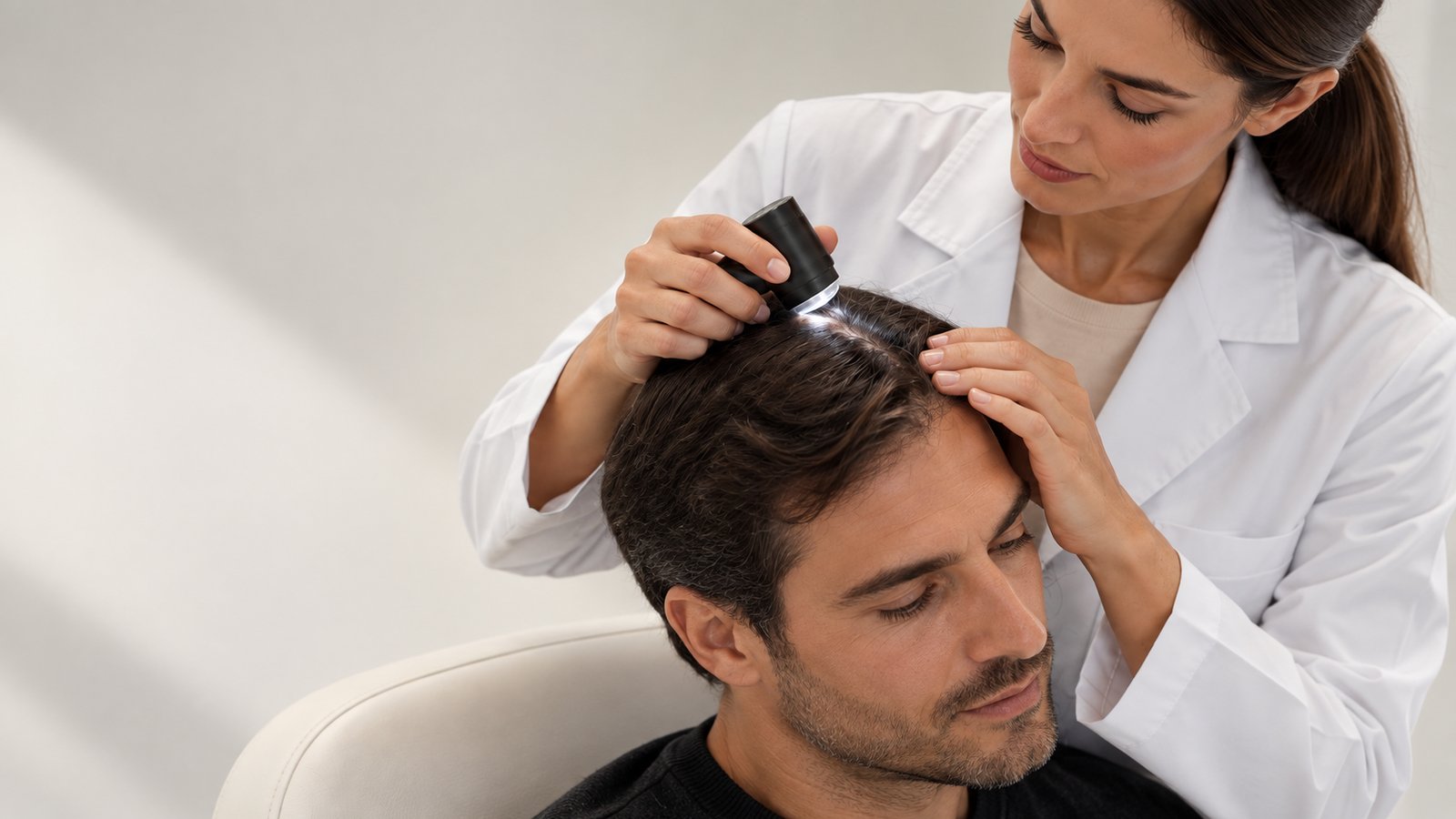 Avaliação tricoscópica do couro cabeludo durante uma consulta no The Scalp Labs, Lisboa